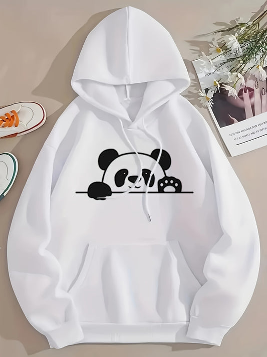 Panda Print Kangaroo Pocket Hoodie, Casual Long Sleeve Drawstring Hoodie Sweatshirt, Women's Clothing