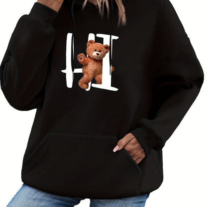 Bear Print Drawstring Hoodie, Casual Long Sleeve Pocket Hoodies Sweatshirt, Women's Clothing