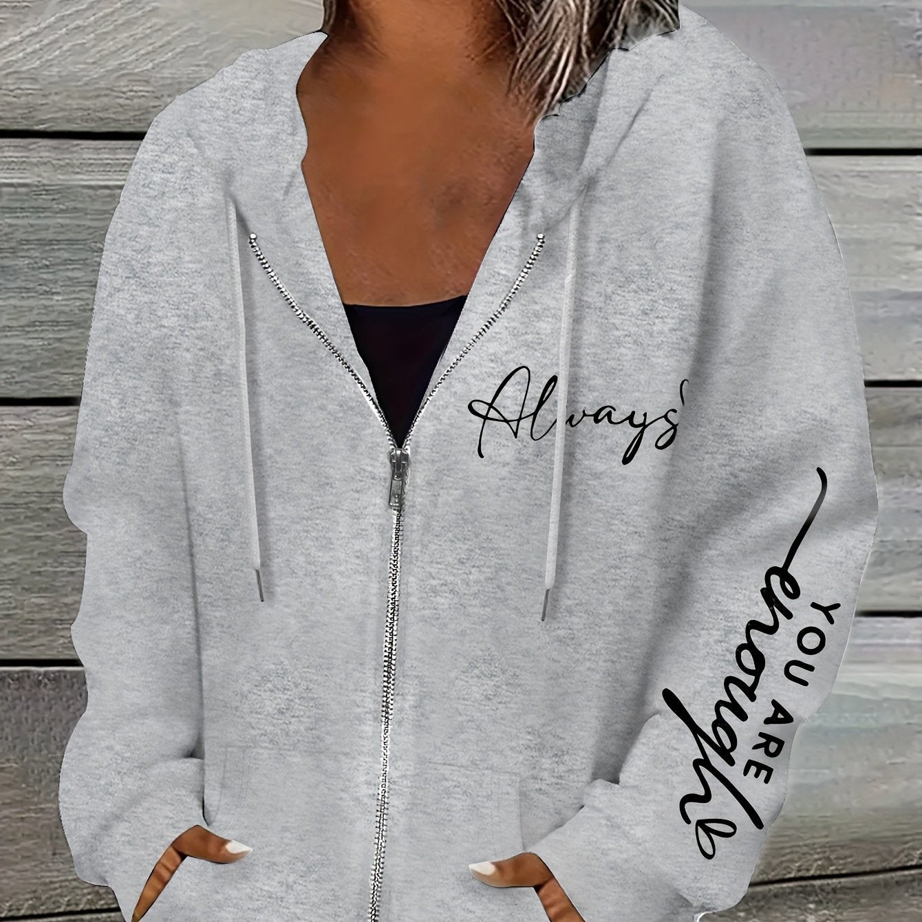 Women's Casual Zip-Up Hoodie with Letter Print - Cozy Polyester, Machine Washable, Non-Transparent, Knit Fabric, Perfect for Fall & Winter - Stylish Long Sleeve Pullover with Drawstring Hood