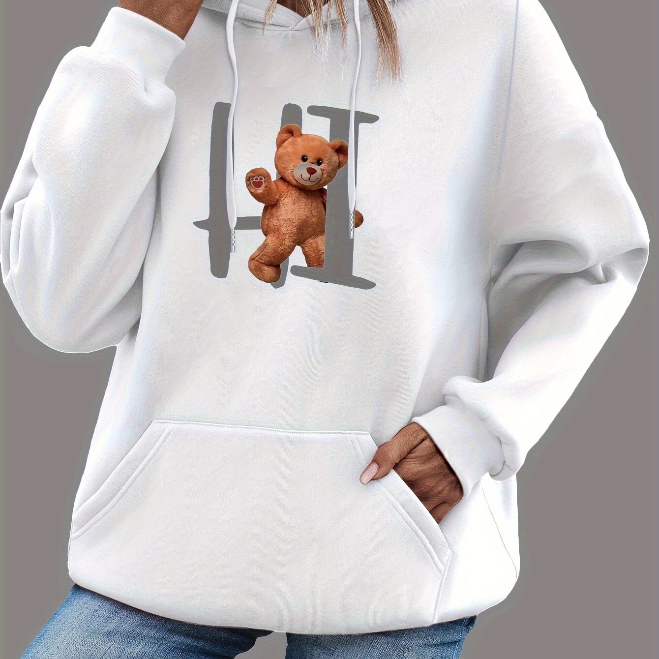 Bear Print Drawstring Hoodie, Casual Long Sleeve Pocket Hoodies Sweatshirt, Women's Clothing