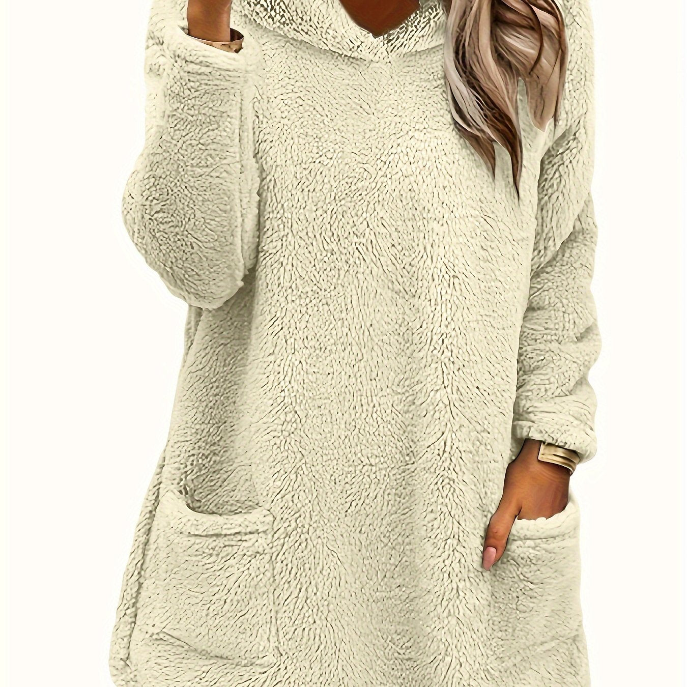 [Popular Choice] Women's Double-Sided Plush Hoodie - Warm Mid-Length Pullover with Pockets for Autumn and Winter, Casual Polyester Knit, Leisure Style, Loosen Version, Autumn/Winter