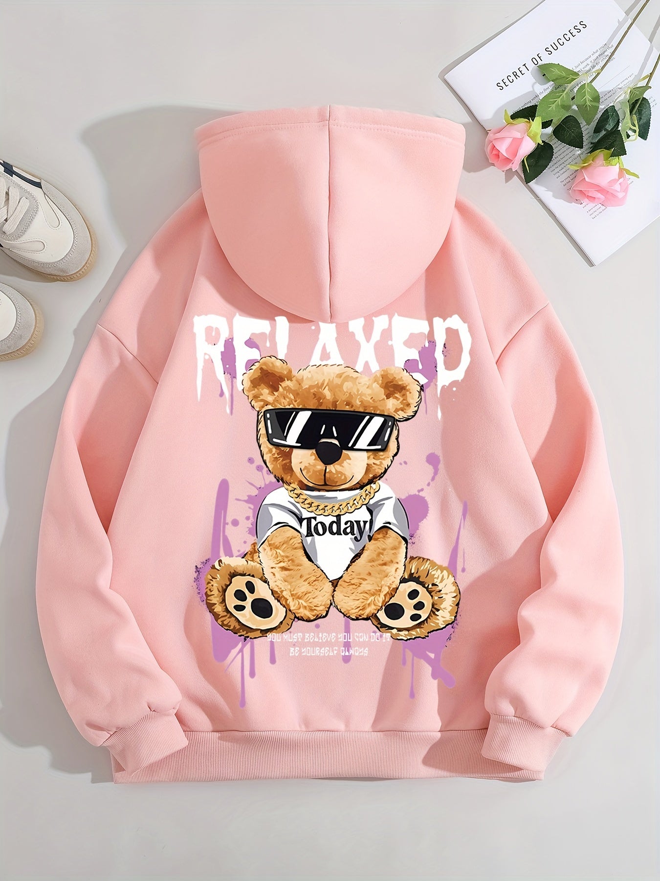 Women's Fashion Hoodie with Cute Bear Print - Casual Pullover Sweatshirt, Polyester, Machine Washable - Perfect for Fall & Winter