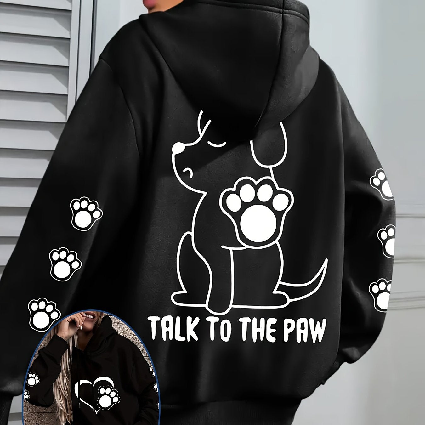 Women's Plus Size Hoodie, Polyester Casual Pullover Sweatshirt with Paw Print Design, Drawstring, Regular Sleeve, Knit, H Fit, for Autumn/Winter