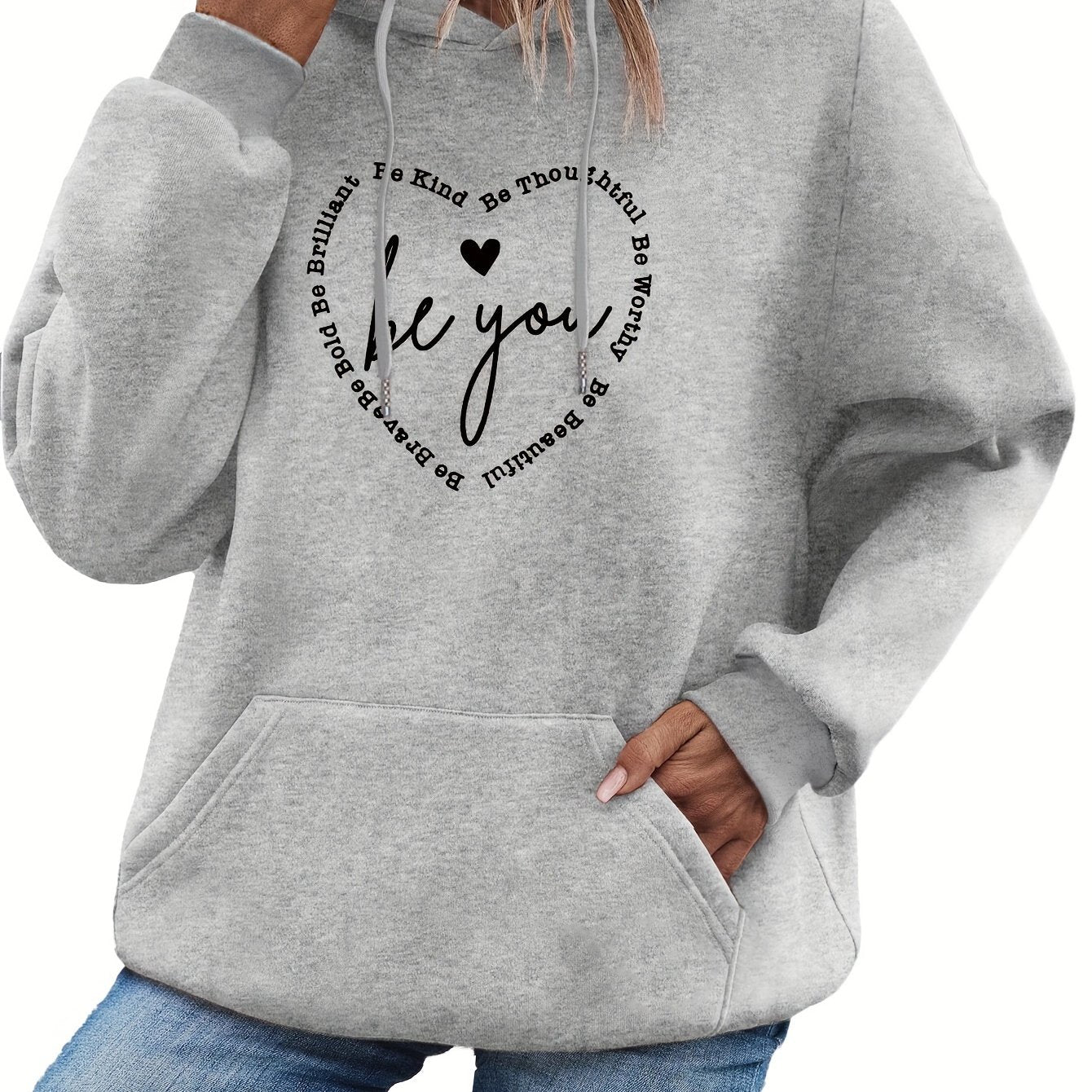 Heart & Letter Print Drawstring Hoodie, Casual Long Sleeve Hooded Sweatshirt, Women's Clothing