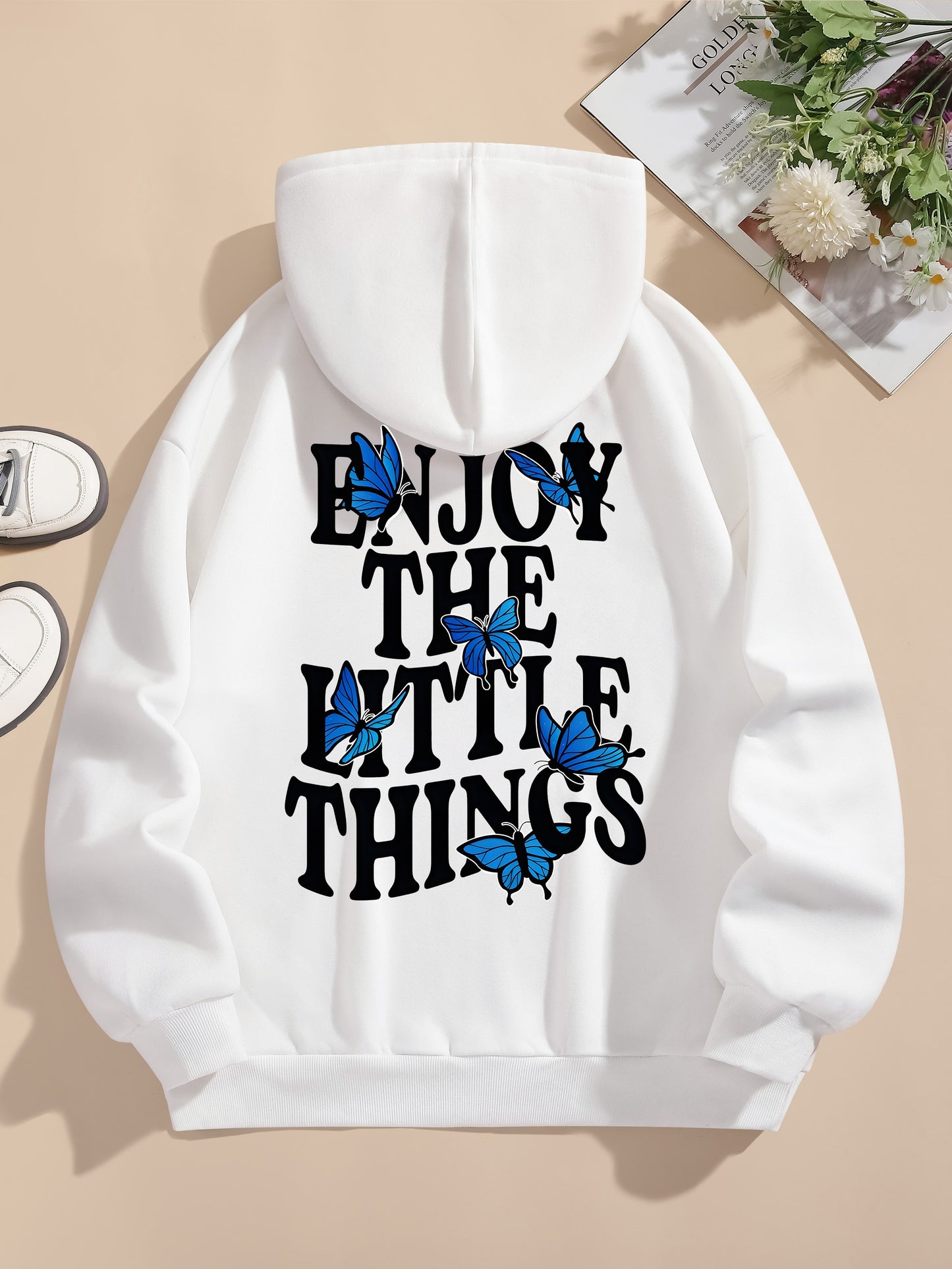 Butterfly & Letter Print Kangaroo Pocket Hoodie, Casual Long Sleeve Drawstring Hoodies Sweatshirt, Women's Clothing