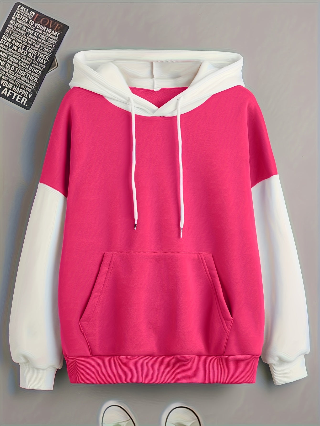 Color Block Kangaroo Pocket Hoodie, Casual Long Sleeve Drawstring Hoodies Sweatshirt, Women's Clothing