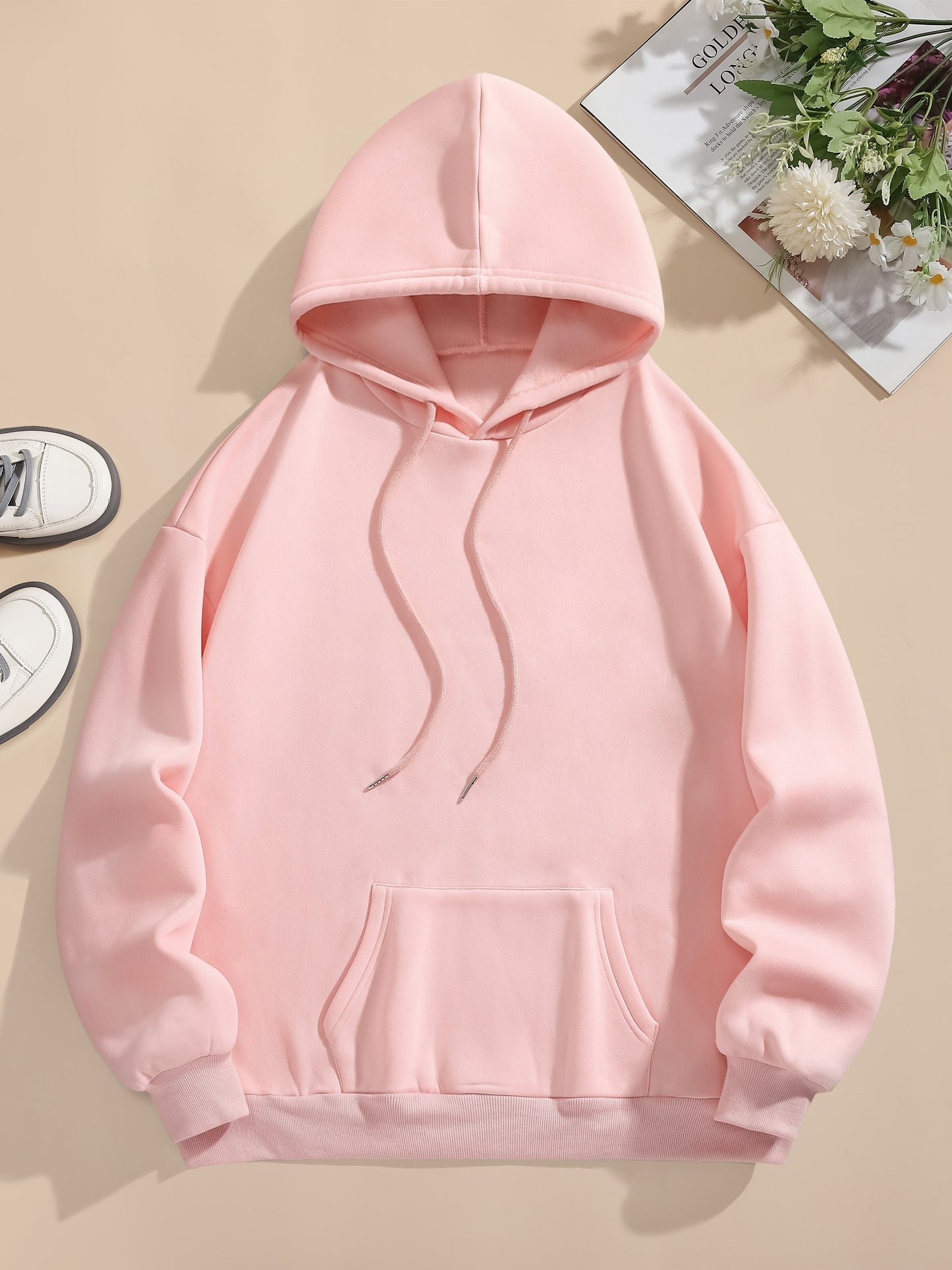 Butterfly & Letter Print Kangaroo Pocket Hoodie, Casual Long Sleeve Drawstring Hoodies Sweatshirt, Women's Clothing