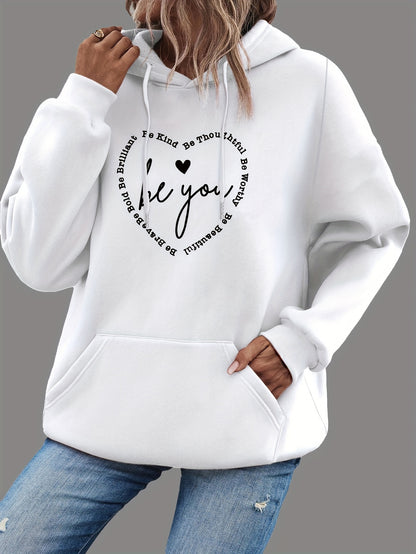 Heart & Letter Print Drawstring Hoodie, Casual Long Sleeve Hooded Sweatshirt, Women's Clothing