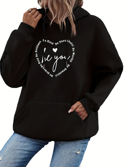 Heart & Letter Print Drawstring Hoodie, Casual Long Sleeve Hooded Sweatshirt, Women's Clothing