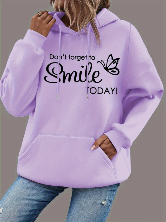 Smile Print Kangaroo Pocket Hoodie, Casual Long Sleeve Drawstring Hoodies Sweatshirt, Women's Clothing