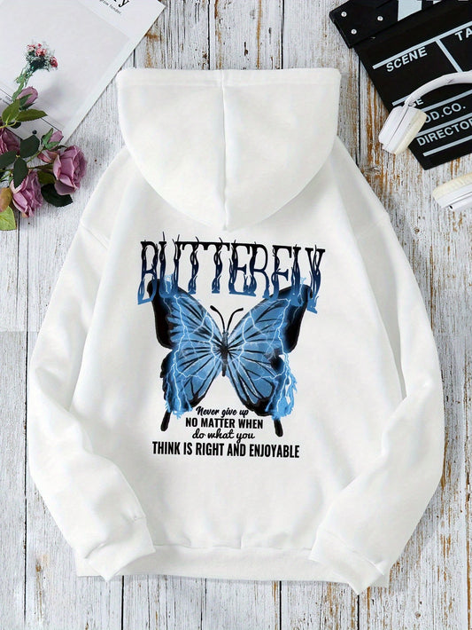 Butterfly Print Kangaroo Pocket Hoodie, Casual Long Sleeve Drawstring Hooded Sweatshirt For Fall & Winter, Women's Clothing