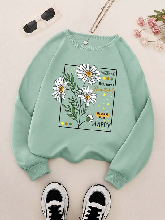 Women's Fashion Sweatshirt, Floral Print, Round Neck, Casual Knit, Polyester, Autumn/Winter, Pullover Hoodie