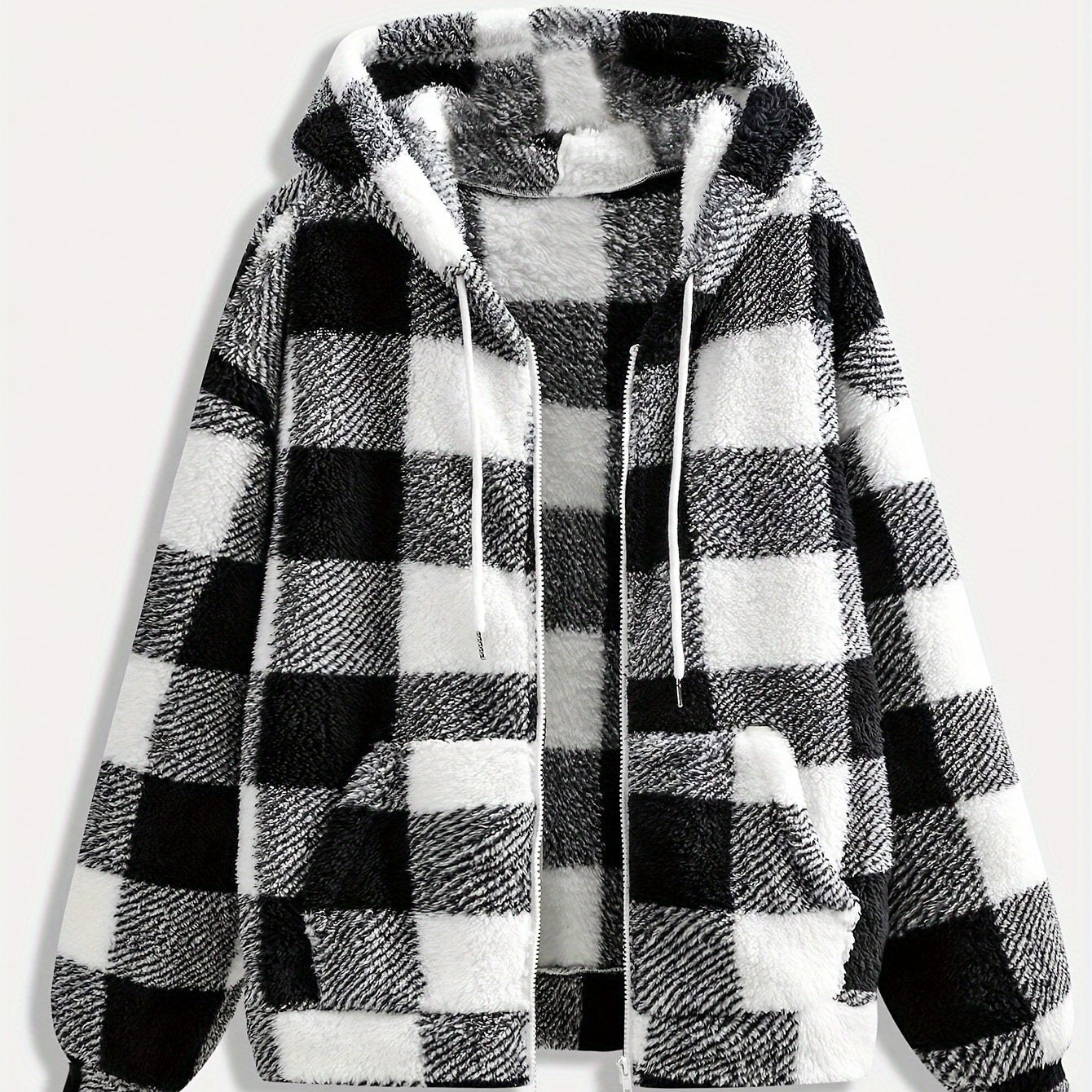 Women's Elegant Plaid Faux Fur Hoodie Jacket - 95% Polyester, 5% Elastane Knitted Fabric, Fall/Winter Collection