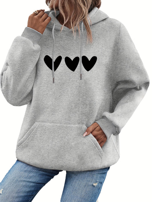 Heart Print Kangaroo Pocket Hoodie, Casual Long Sleeve Drawstring Hoodies Sweatshirt, Women's Clothing