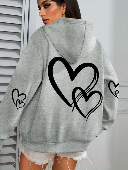 [Popular Choice] Cozy Plus Size Heart Print Hoodie with Pocket - Casual Long Sleeve Pullover for Women, Perfect for Fall & Winter