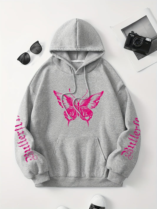 Butterfly Type Letter Print Autumn and Winter European and American Fleece Women's Hoodie Sweater with Pocket