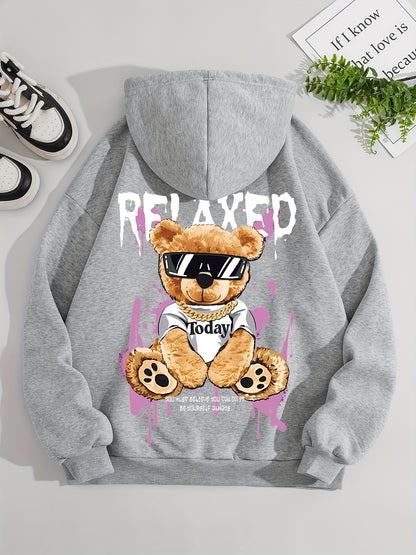 Women's Fashion Hoodie with Cute Bear Print - Casual Pullover Sweatshirt, Polyester, Machine Washable - Perfect for Fall & Winter