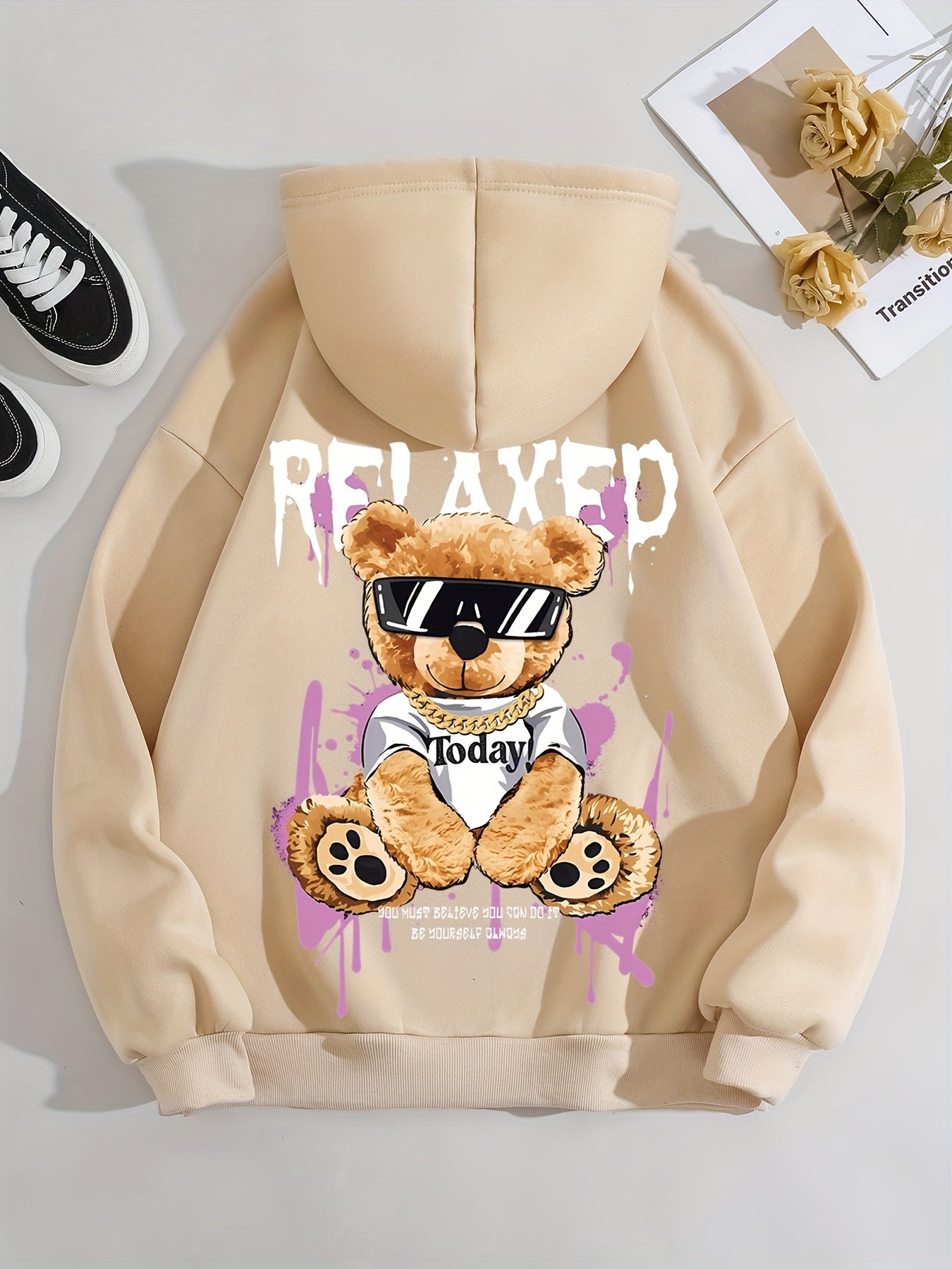 Women's Fashion Hoodie with Cute Bear Print - Casual Pullover Sweatshirt, Polyester, Machine Washable - Perfect for Fall & Winter