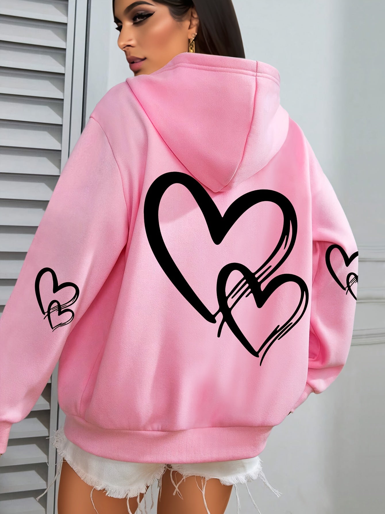 [Popular Choice] Cozy Plus Size Heart Print Hoodie with Pocket - Casual Long Sleeve Pullover for Women, Perfect for Fall & Winter