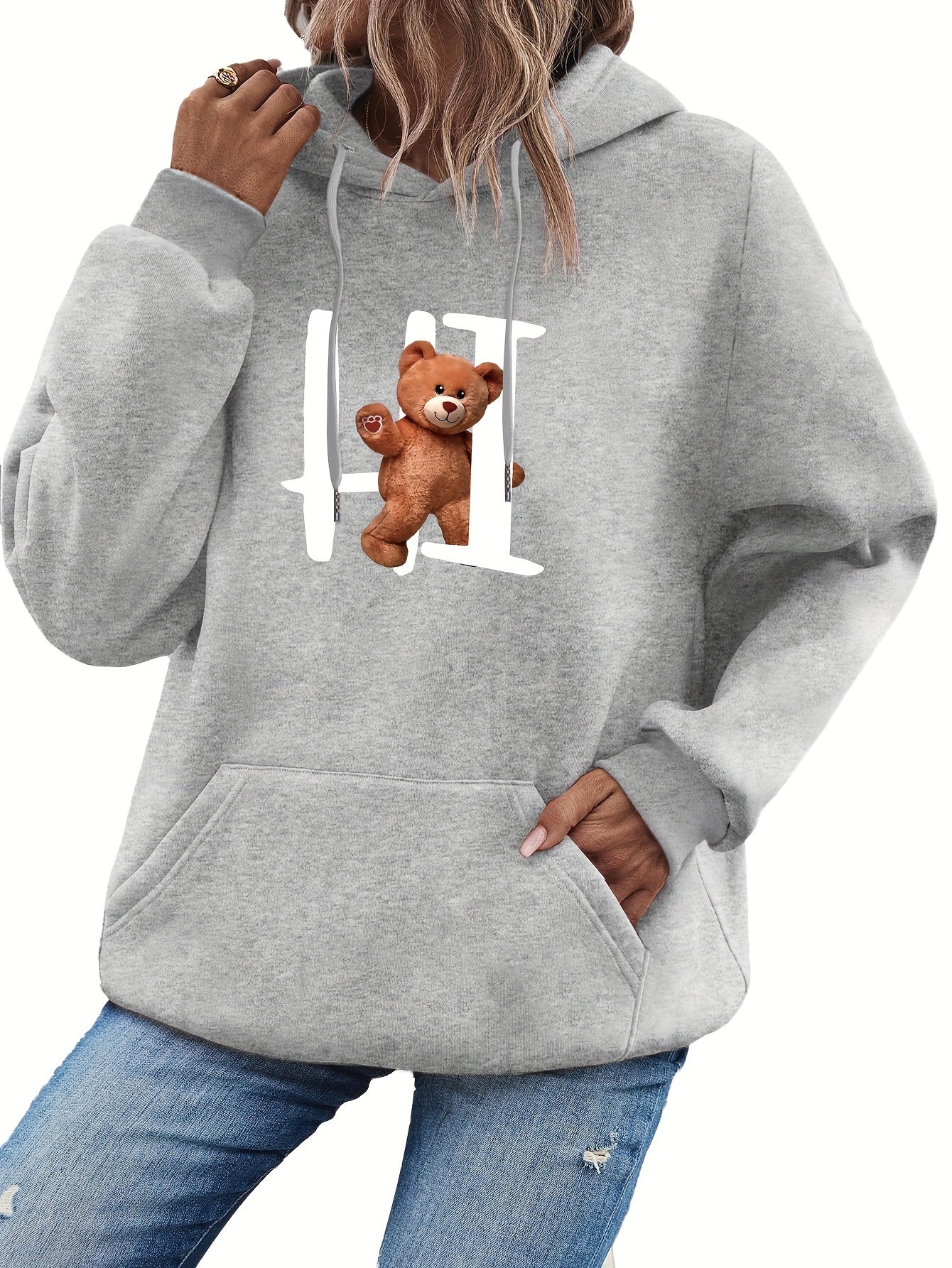 Bear Print Drawstring Hoodie, Casual Long Sleeve Pocket Hoodies Sweatshirt, Women's Clothing