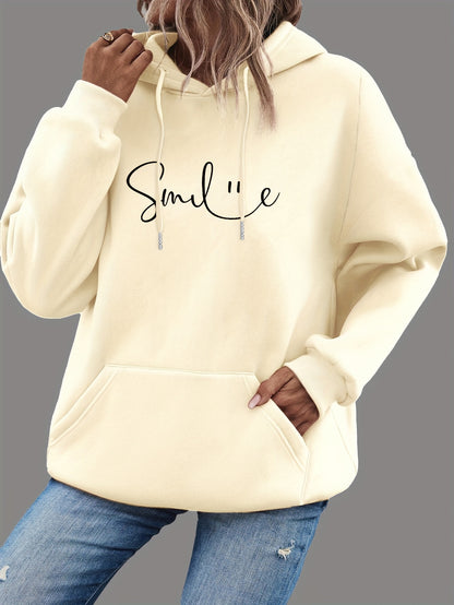 SMILE Print Kangaroo Pocket Hoodie, Casual Long Sleeve Drawstring Hoodie Sweatshirt, Women's Clothing