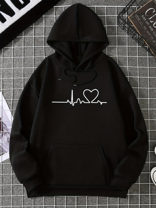 Heart Rate Print Kangaroo Pocket Hoodie, Casual Long Sleeve Drawstring Hoodies Sweatshirt, Women's Clothing