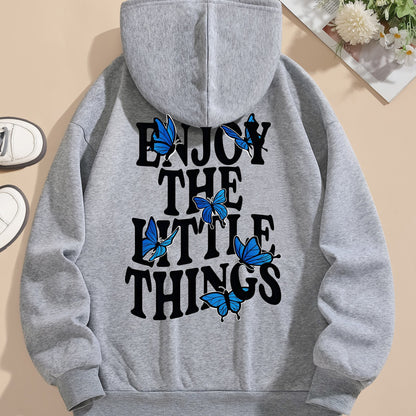 Butterfly & Letter Print Kangaroo Pocket Hoodie, Casual Long Sleeve Drawstring Hoodies Sweatshirt, Women's Clothing