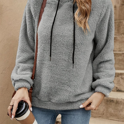 Women's Casual Long Sleeve Drawstring Hoodie - 100% Polyester Solid Color Teddy Hooded Sweatshirt with Knit Fabric for Fall/Winter