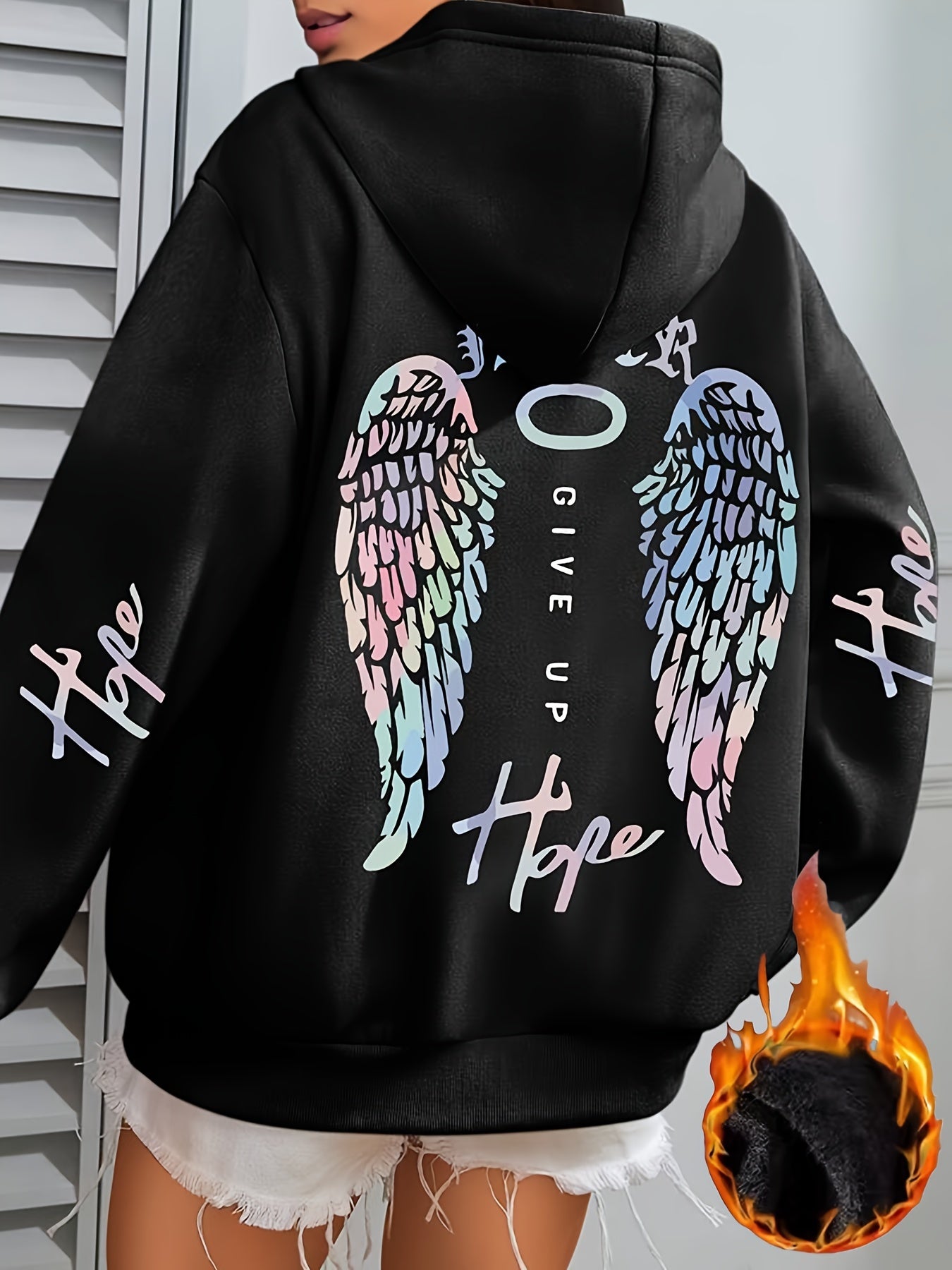 Women's Cozy Fleece-Lined Hoodie with Unique Wings Print - Long Sleeve, Drawstring Pullover for Fall/Winter, Perfect for Running & Casual Wear