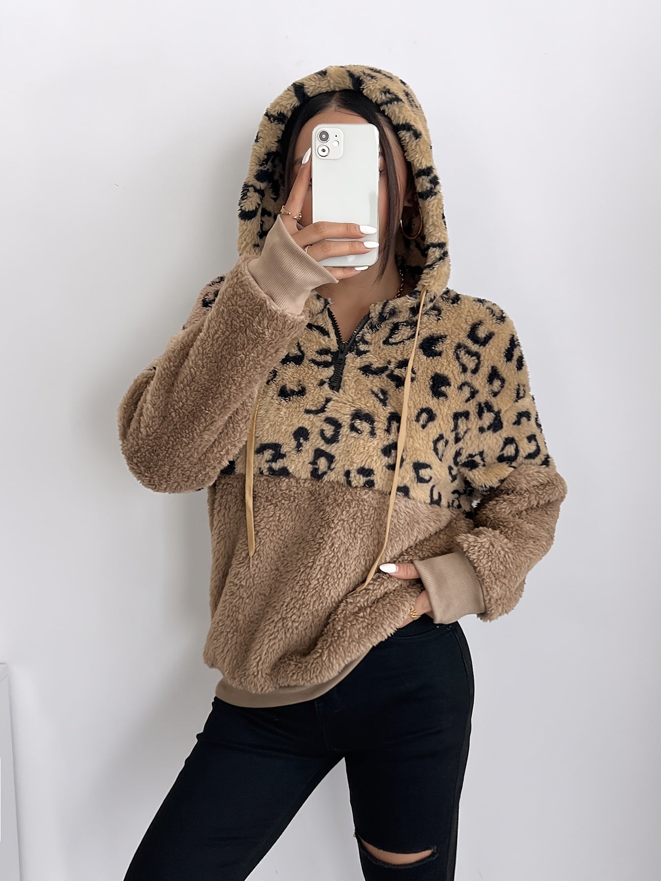 Women's Fashion Hoodie, Leopard Print Contrast, Cozy Polyester Pullover, Casual Style, Hooded Sweatshirt for Fall/Winter, Knitted Fabric