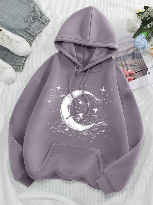 Graphic Print Kangaroo Pocket Hooded Sweatshirt, Casual Drop Shoulder Long Sleeve Drawstring Hoodies Sweatshirt, Women's Clothing