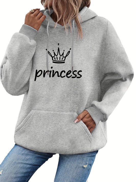 Princess Print Kangaroo Pocket Hoodie, Casual Long Sleeve Drawstring Hoodies Sweatshirt, Women's Clothing