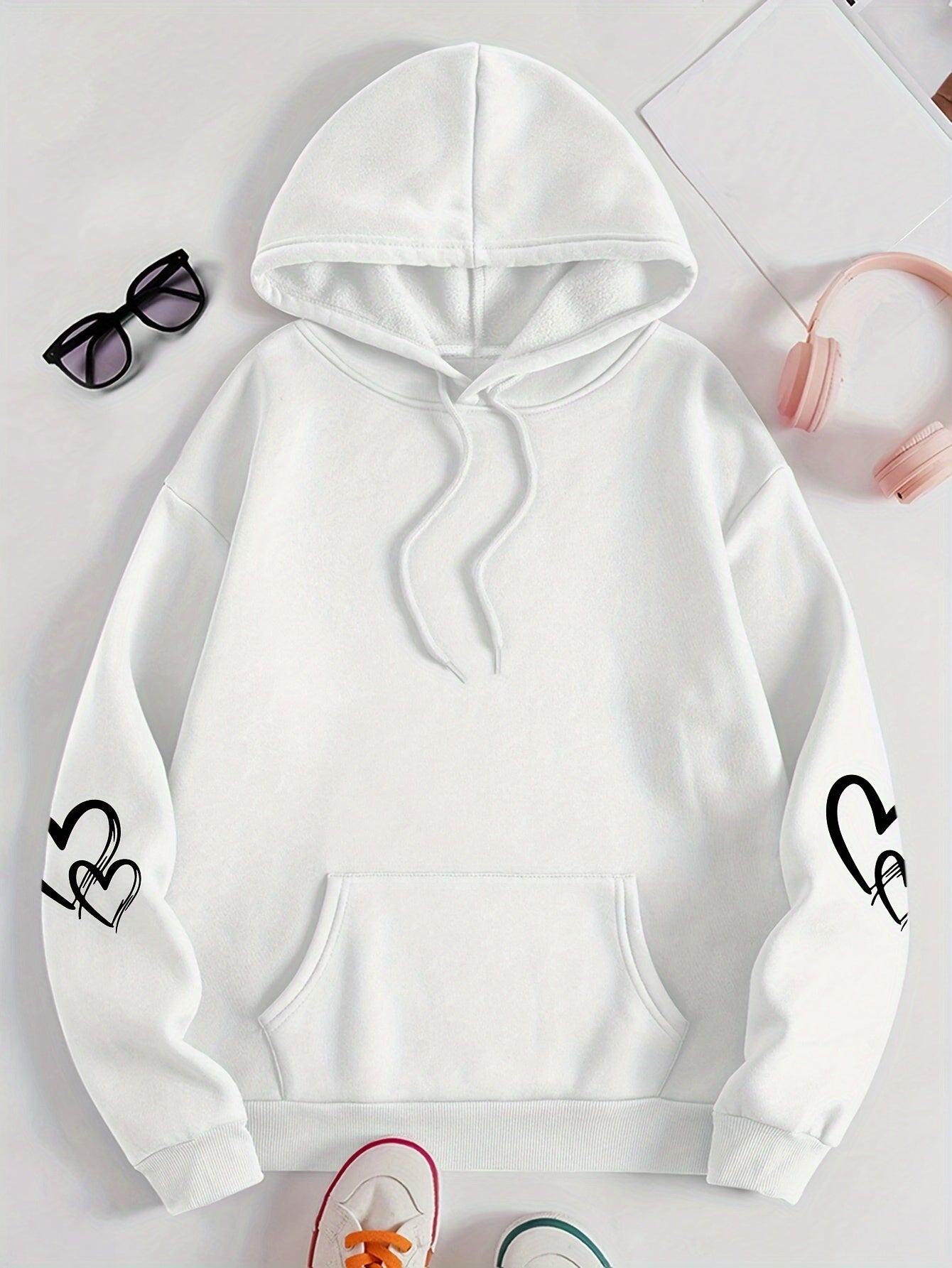 [Popular Choice] Cozy Plus Size Heart Print Hoodie with Pocket - Casual Long Sleeve Pullover for Women, Perfect for Fall & Winter