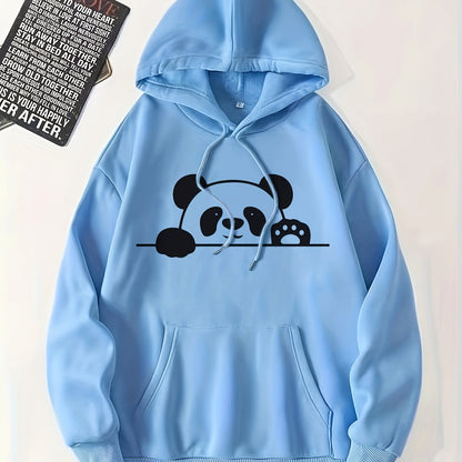 Panda Print Kangaroo Pocket Hoodie, Casual Long Sleeve Drawstring Hoodie Sweatshirt, Women's Clothing