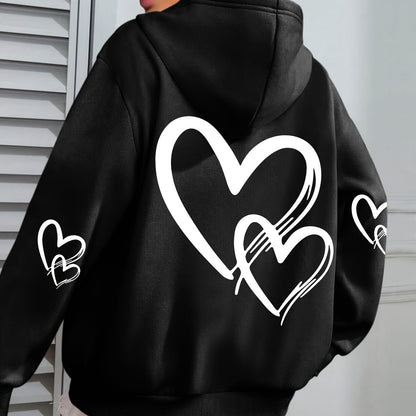 [Popular Choice] Cozy Plus Size Heart Print Hoodie with Pocket - Casual Long Sleeve Pullover for Women, Perfect for Fall & Winter