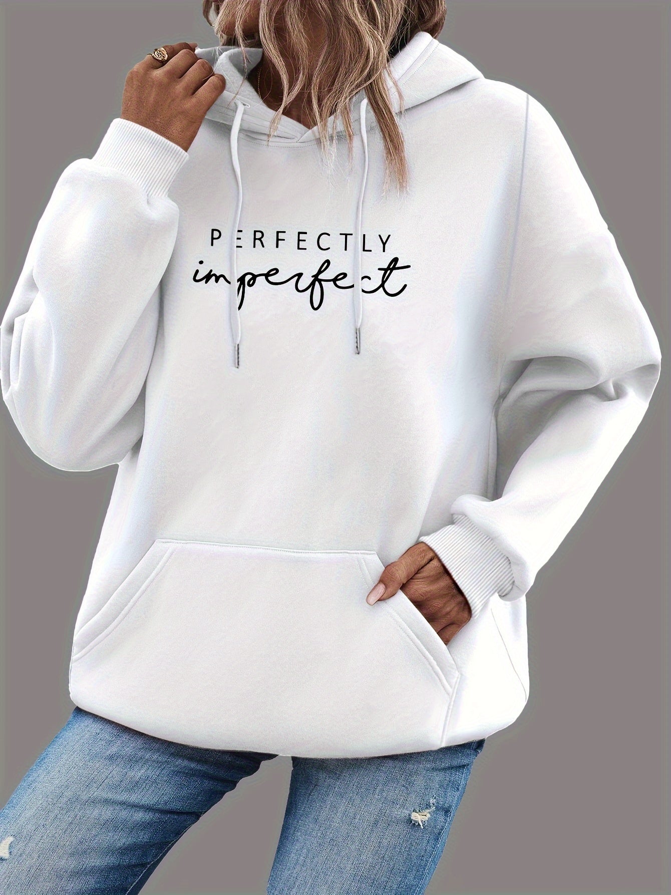 Women's Casual Pullover Hoodie with Letter Print, Polyester, Long Sleeve, Autumn/Winter Fashion, Pullover Sweatshirt, H Fit, Knit Fabric