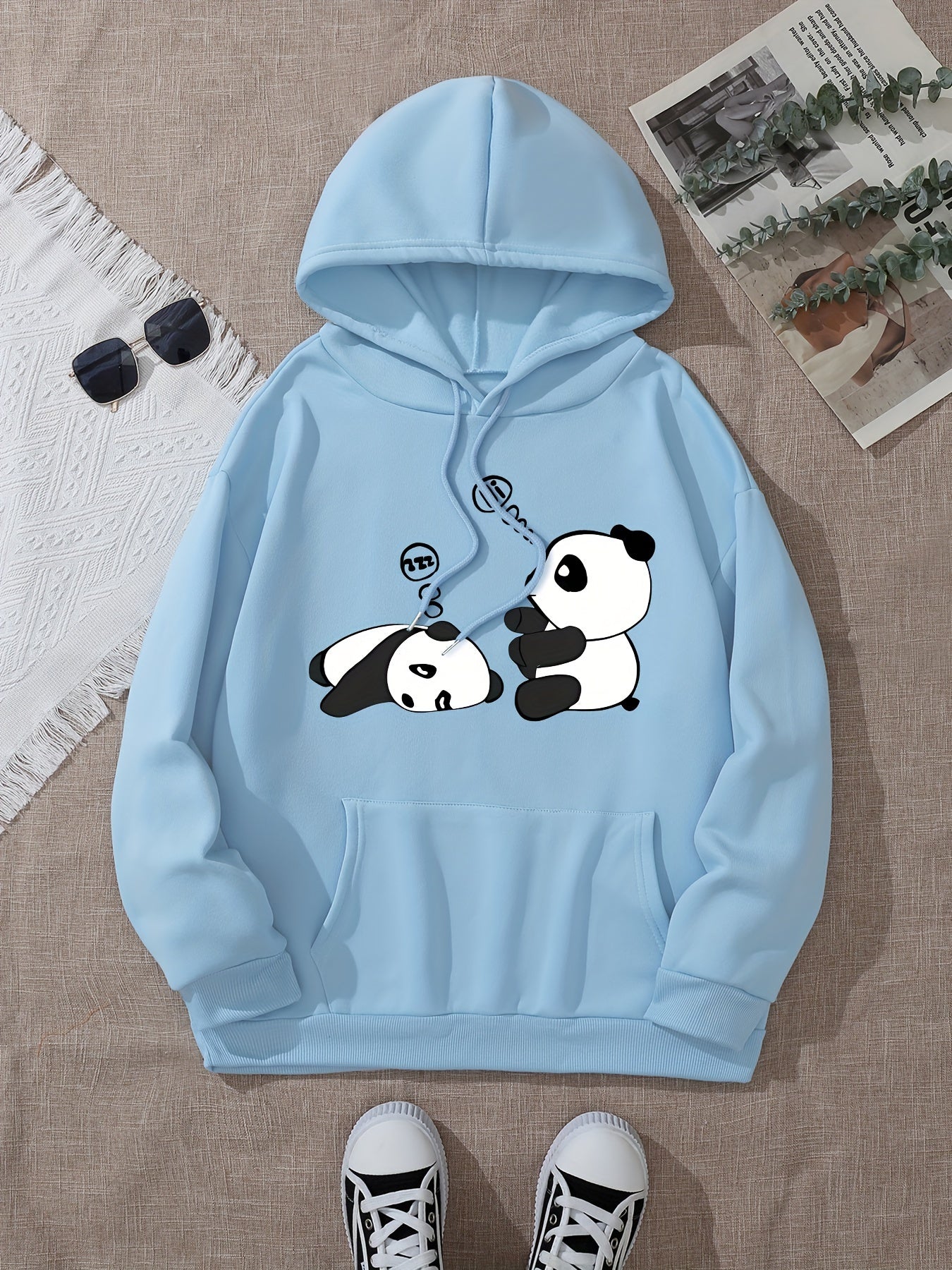 [Popular Choice] Cozy Panda Print Hoodie for Women - Casual Drawstring Pullover with Kangaroo Pocket, Perfect for Fall & Winter, Sleeping, Graphic Print, Hooded Sweatshirt