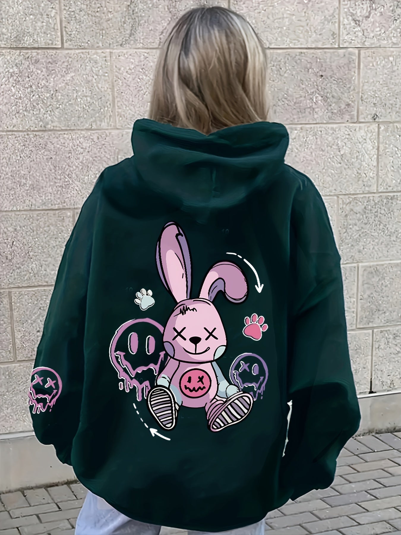 Women's Cozy Cartoon Rabbit & Paw Print Hoodie with Kangaroo Pocket - Casual Pullover Sweatshirt for Fall/Winter, Machine Washable