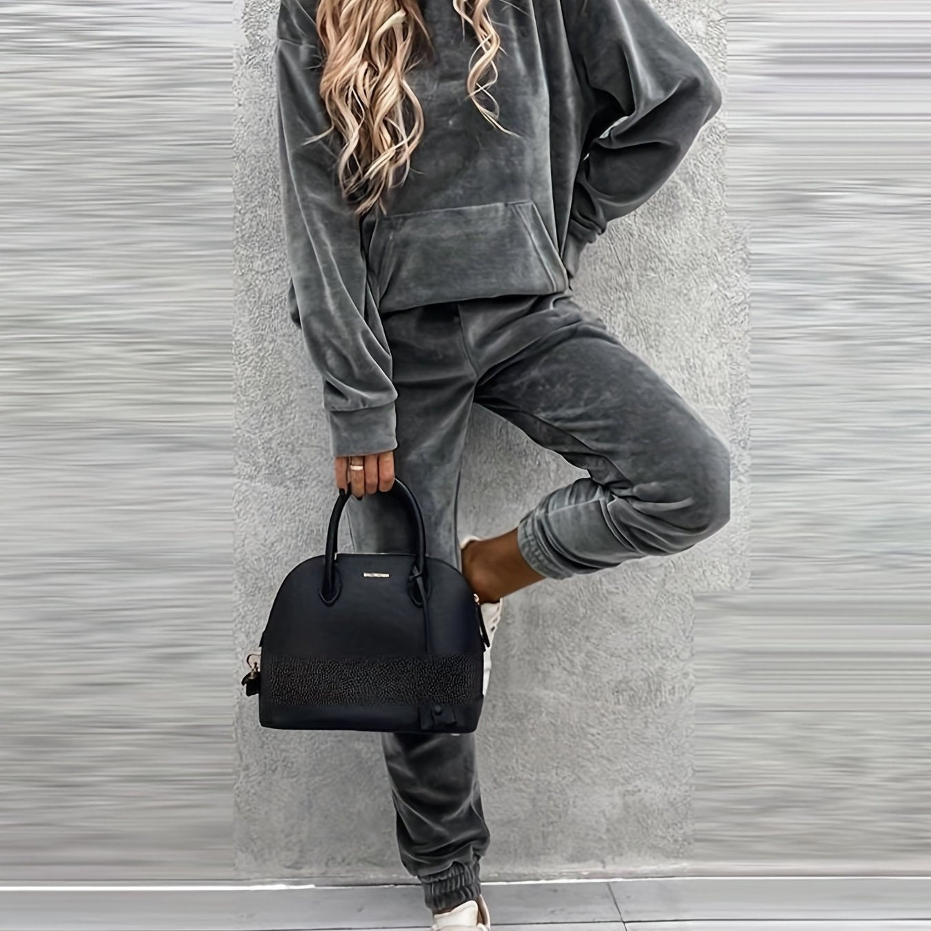 Casual Solid Two-piece Set, Kangaroo Pocket Hoodie & Jogger Pants Outfits, Women's Clothing