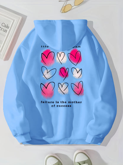 Heart Print Kangaroo Pocket Hoodie, Casual Long Sleeve Drawstring Hoodies Sweatshirt, Women's Clothing, Valentine's Day