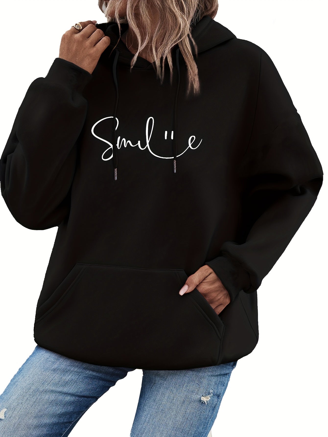 SMILE Print Kangaroo Pocket Hoodie, Casual Long Sleeve Drawstring Hoodie Sweatshirt, Women's Clothing