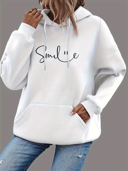 SMILE Print Kangaroo Pocket Hoodie, Casual Long Sleeve Drawstring Hoodie Sweatshirt, Women's Clothing