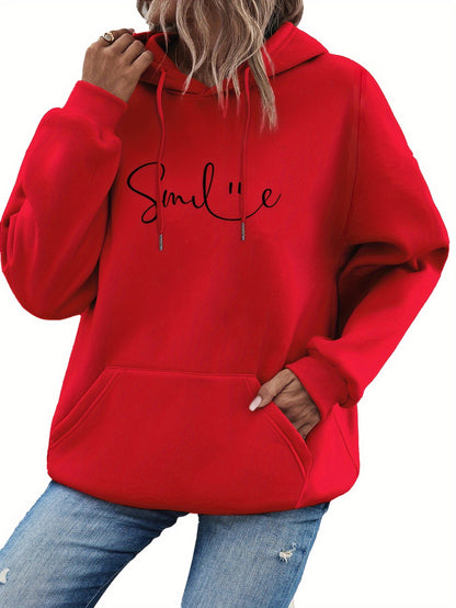 SMILE Print Kangaroo Pocket Hoodie, Casual Long Sleeve Drawstring Hoodie Sweatshirt, Women's Clothing