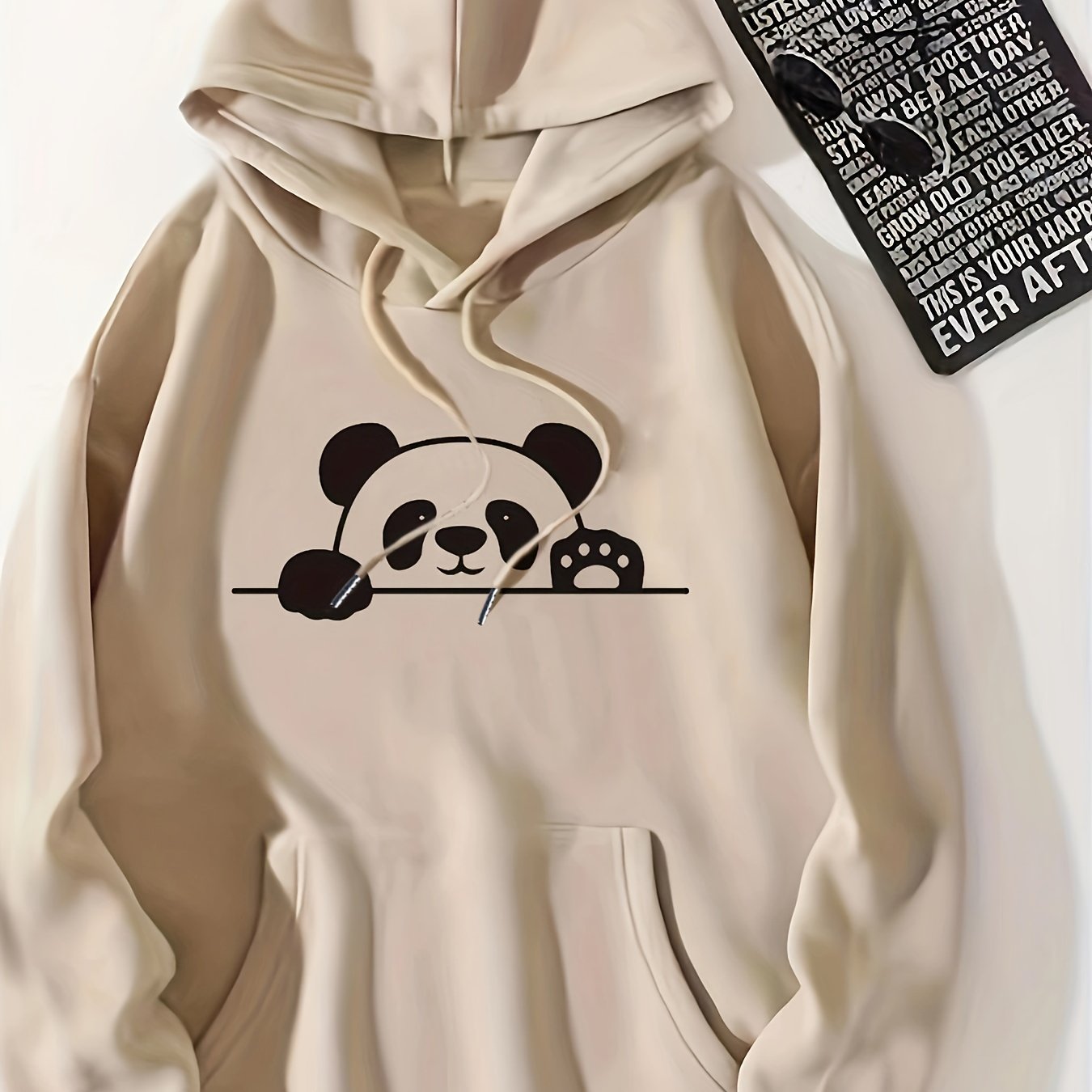 Panda Print Kangaroo Pocket Hoodie, Casual Long Sleeve Drawstring Hoodie Sweatshirt, Women's Clothing