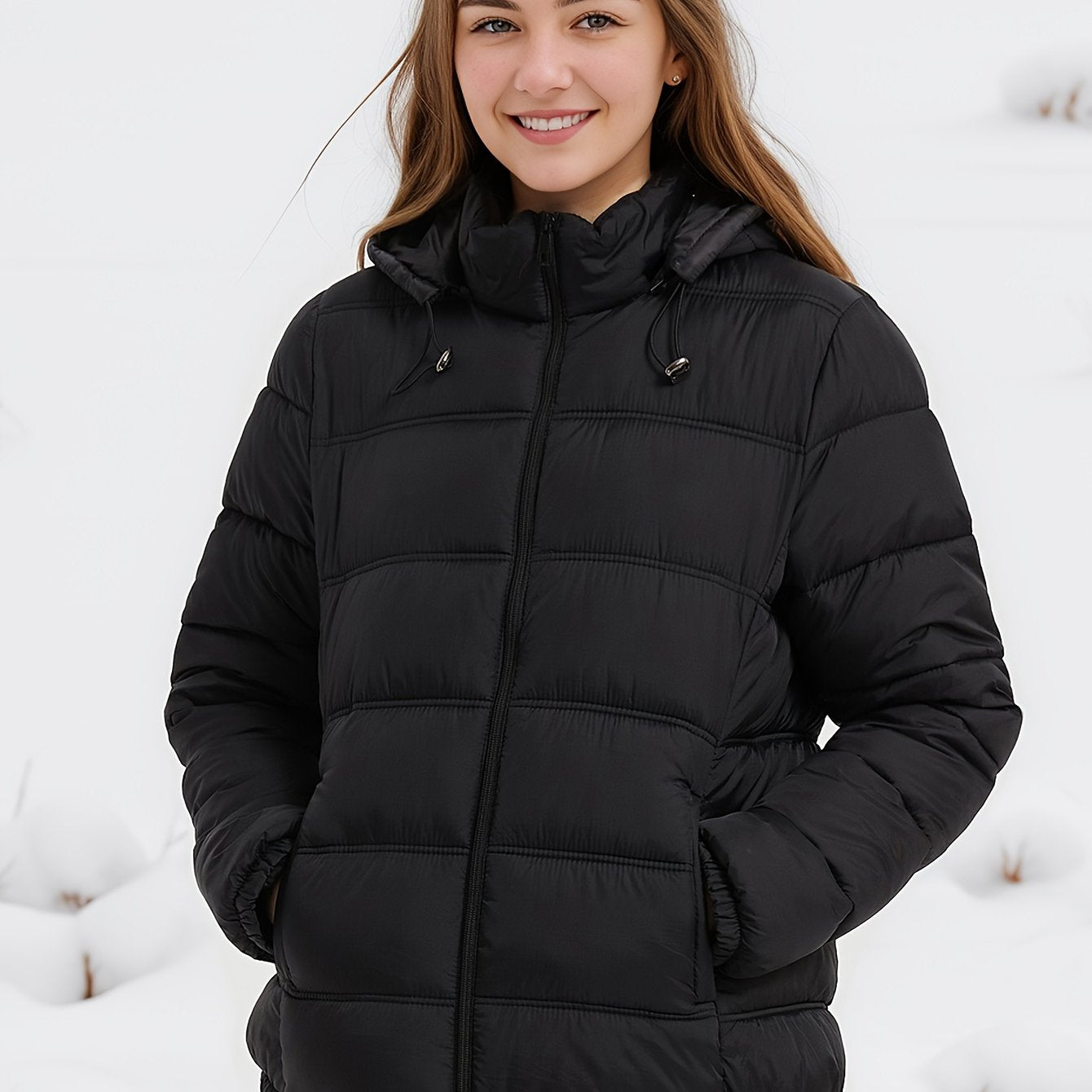 Zip-up Hoodie Puffy Coat, Casual Long Sleeve Pockets Coat For Fall & Winter, Women's Clothing