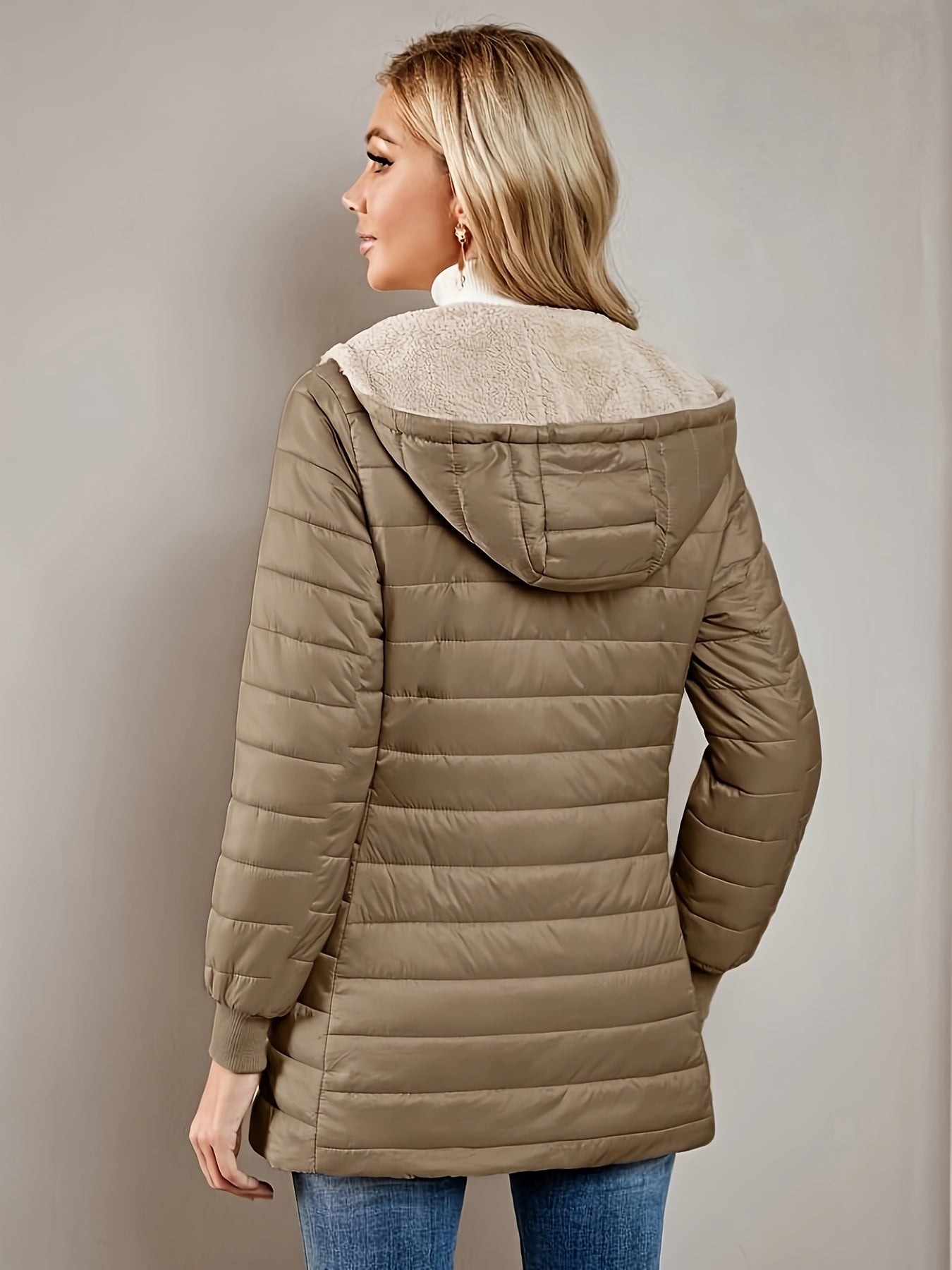 Zip-up Hoodie Puffy Coat, Casual Thermal Long Sleeve Coat For Fall & Winter, Women's Clothing