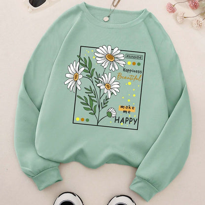 Women's Fashion Sweatshirt, Floral Print, Round Neck, Casual Knit, Polyester, Autumn/Winter, Pullover Hoodie