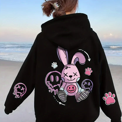 Women's Cozy Cartoon Rabbit & Paw Print Hoodie with Kangaroo Pocket - Casual Pullover Sweatshirt for Fall/Winter, Machine Washable