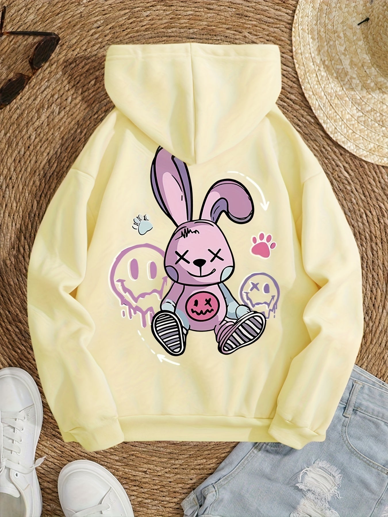 Women's Cozy Cartoon Rabbit & Paw Print Hoodie with Kangaroo Pocket - Casual Pullover Sweatshirt for Fall/Winter, Machine Washable