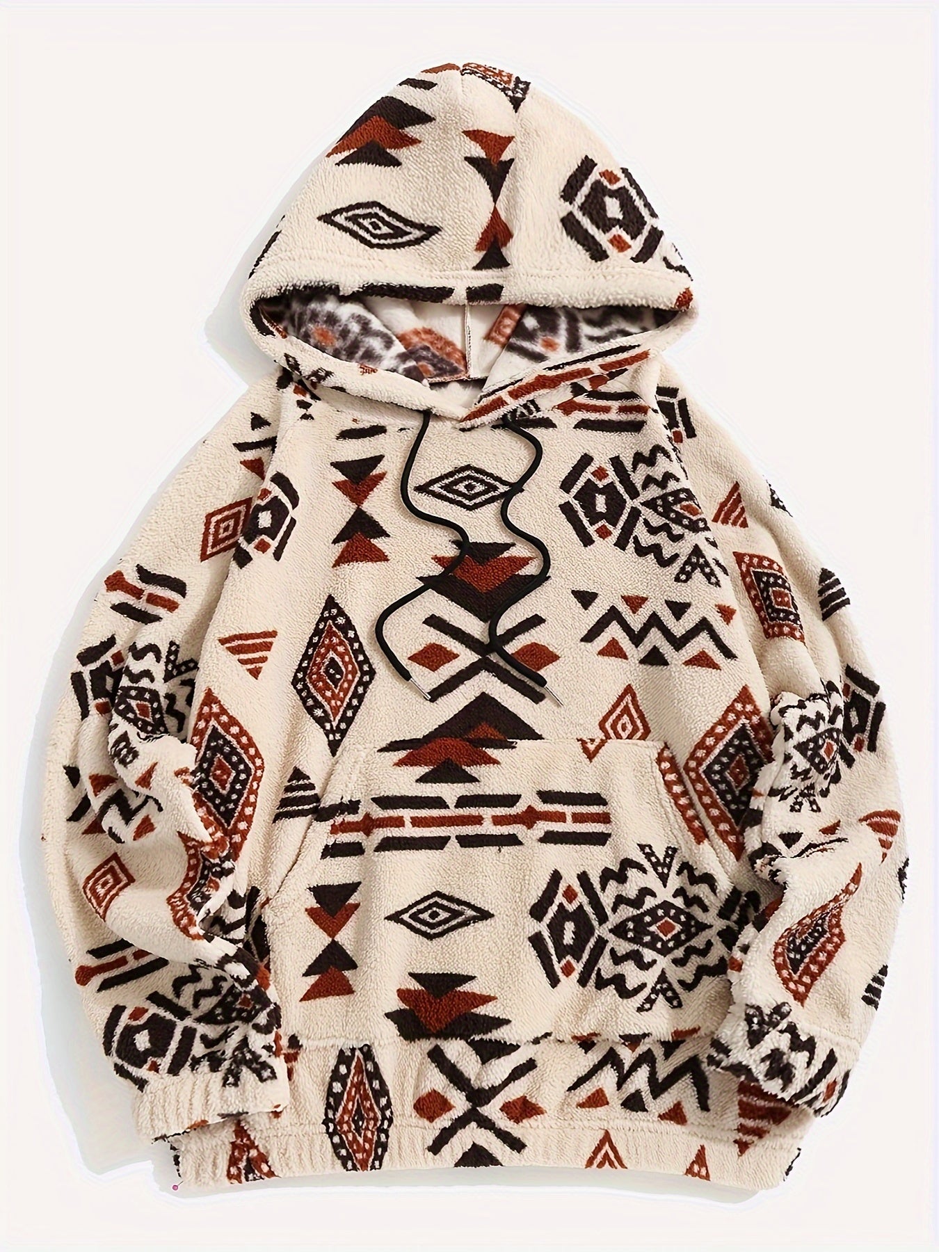 Ethnic Aztec Print Fuzzy Drawstring Hoodie, Casual Long Sleeve Kangaroo Pocket Warm Sweatshirt, Women's Clothing